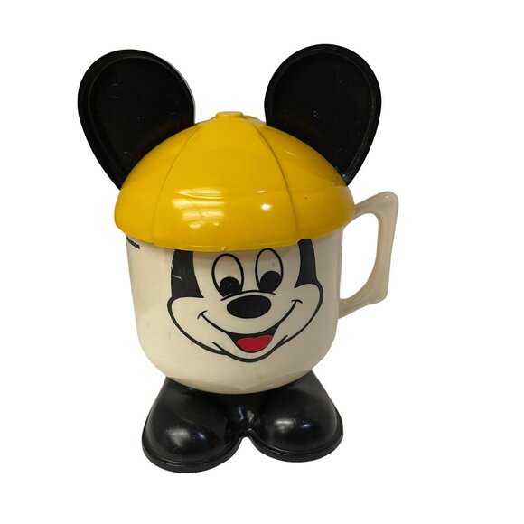 Vintage Walt Disney Productions Mickey Mouse Plastic Cup With Yellow Ears Lid 6" - Picture 1 of 9